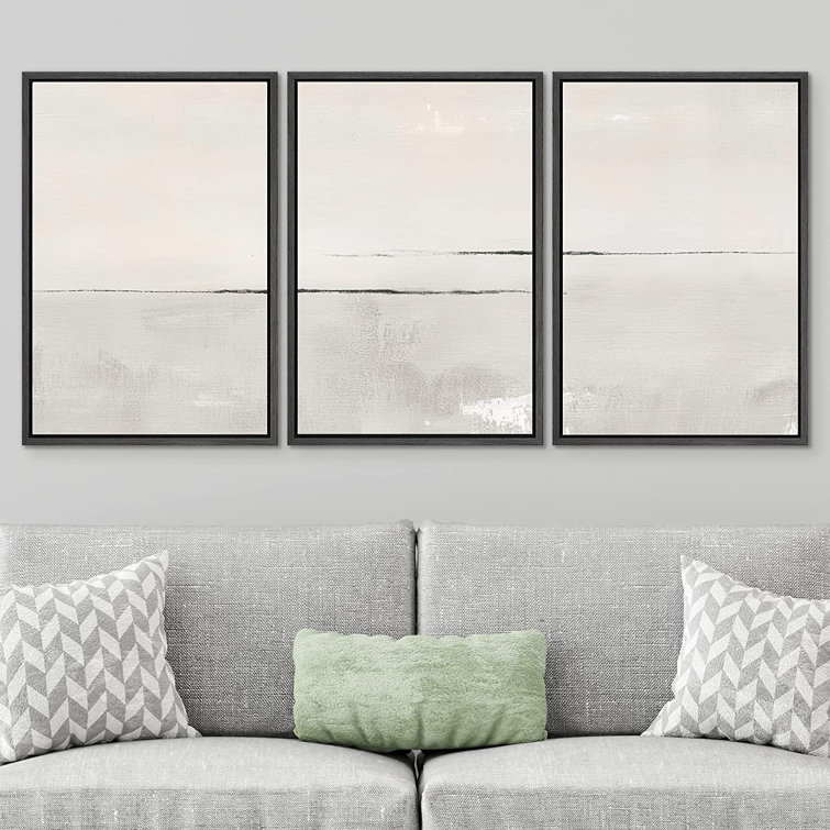 Modern Large Duotone Pastel Minimalist Landscape Subtle Wall Art Framed Canvas 3 Pieces Print